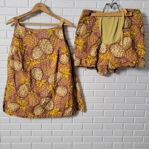 Vintage 1960s Chas L Lewis Maternity Play Suit Pineapple Print Yellow Brown